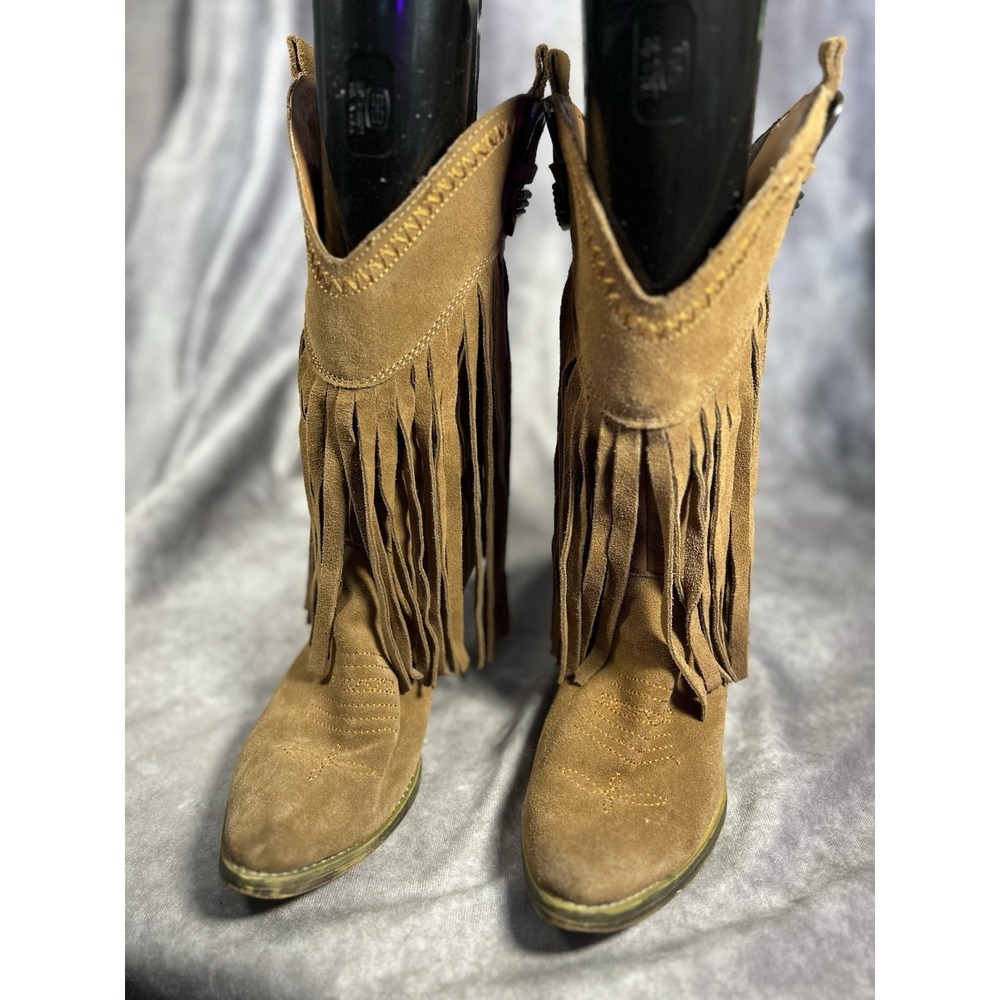 Very Volatile Deerwood Boots Womens 9 Tan Suede Fringe Western Cowgirl